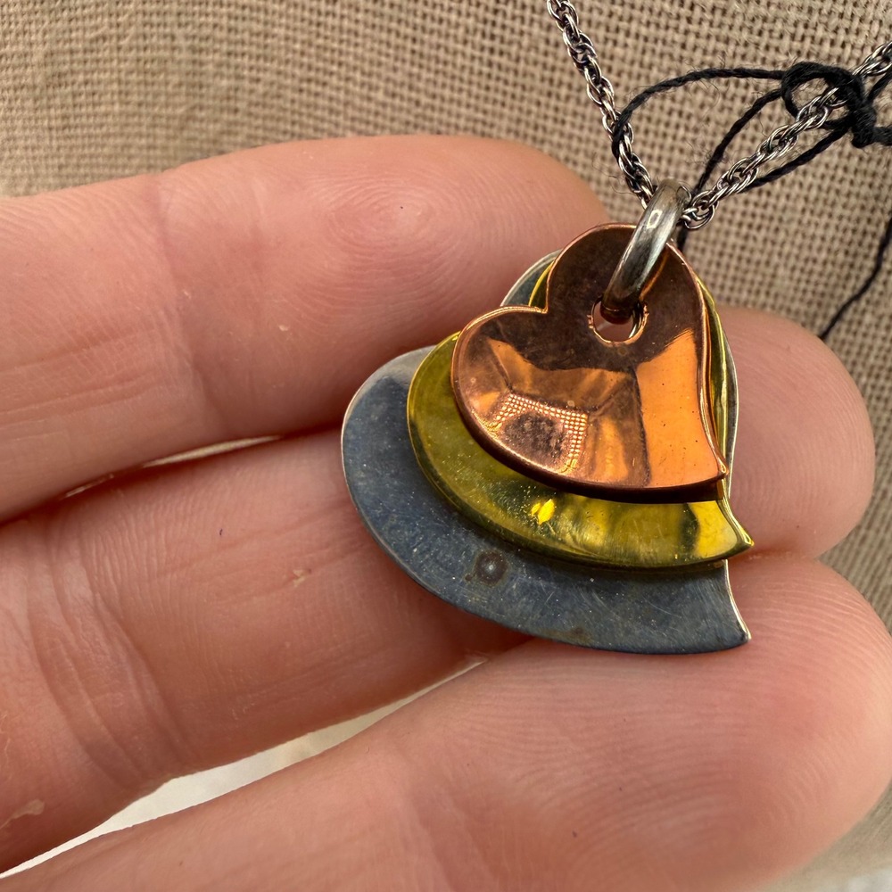 Vintage JCM Necklace Triple‎ Heart Pendant Sterling Silver Brass Copper